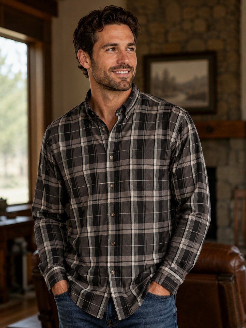 Cabela's Men's Black and Gray Plaid Button-Down Longsleeve Shirt